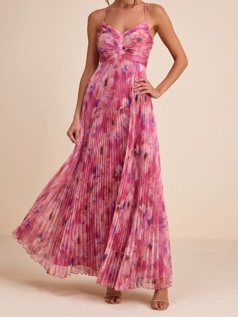 Lulus Whitley Pink Floral Pleated Sleeveless Maxi Dress - Size M